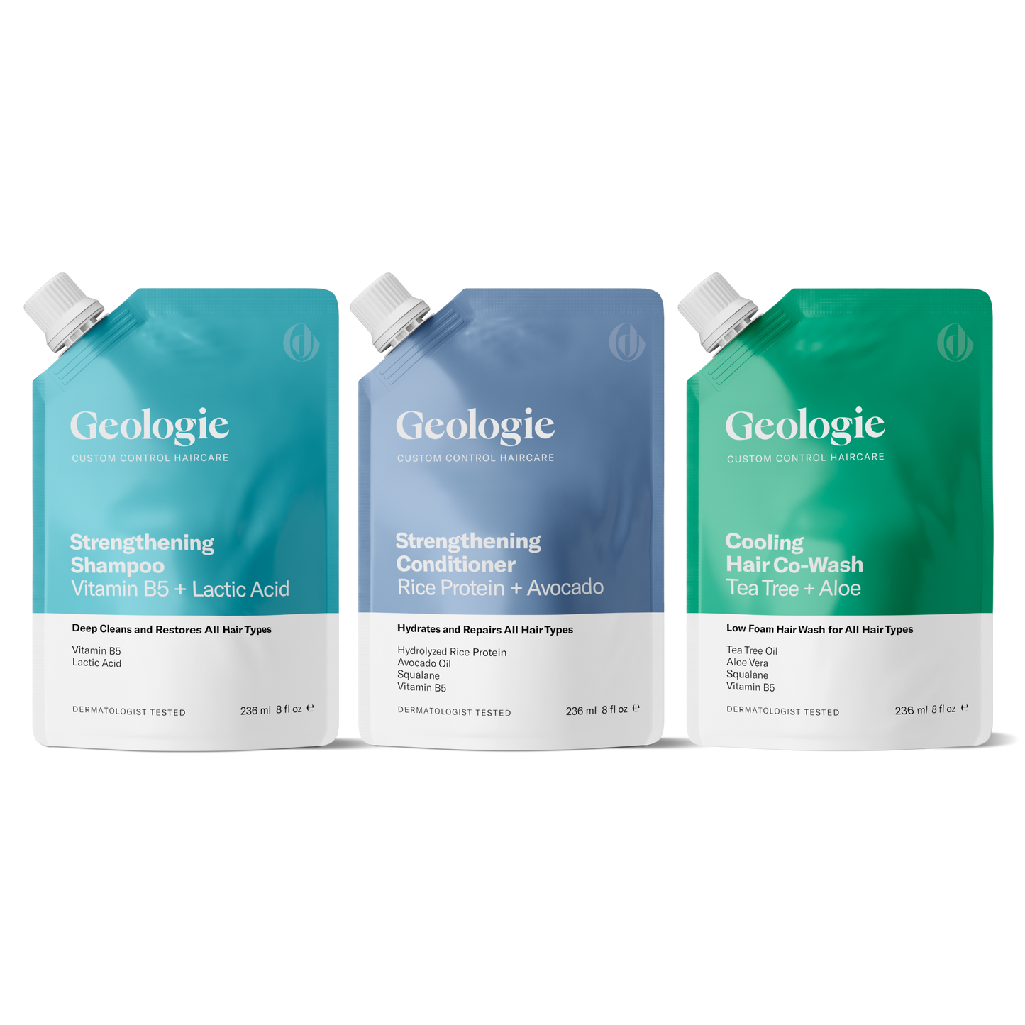 Three bottles of Geologie Custom Control Hair Routine products, including strengthening shampoo, conditioner, and cooling hair co-wash, available for product subscriptions at Geologie.com, against a white background.