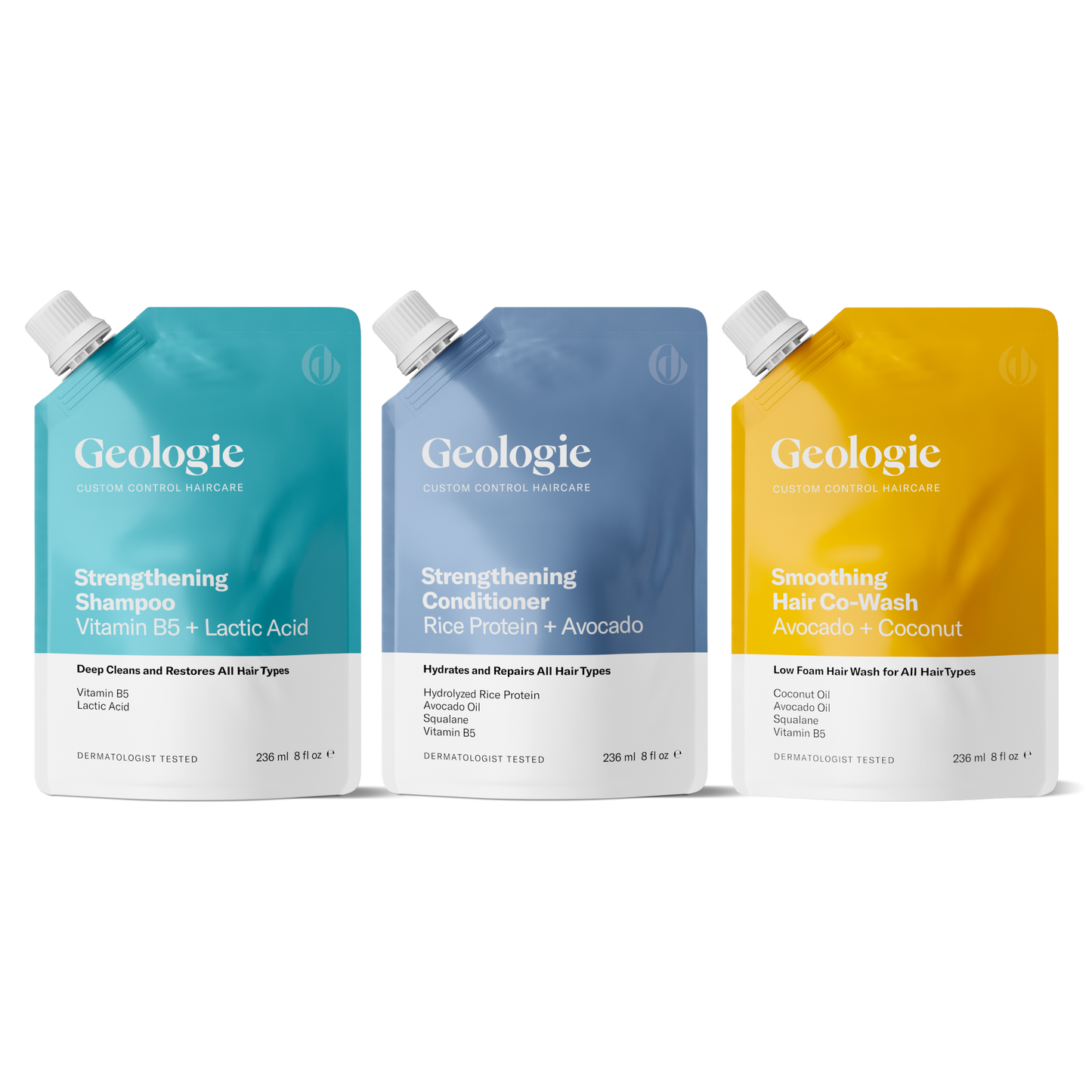 Three Geologie Custom Control Hair Routine products displayed side by side at Geologie.com: strengthening shampoo, conditioner, and smoothing hair co-wash, available for direct links and product subscriptions.