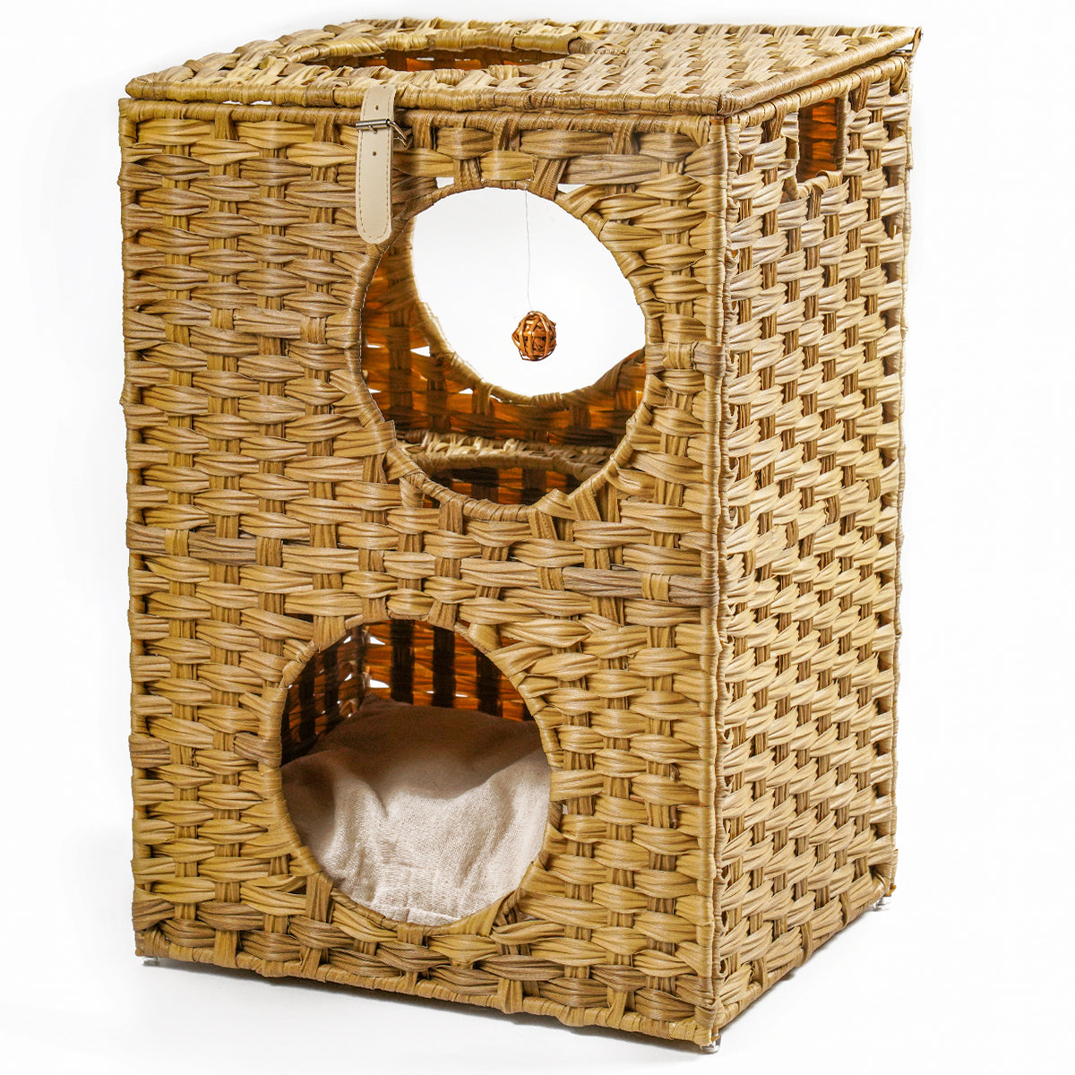 Rattan Cat Litter Bed Metal with Rattan Ball Cushion Brown